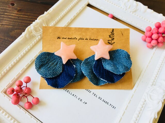『デニムな紫陽花はなびら×パステルピンク星ピアス イヤリング❤』 の画像1枚目