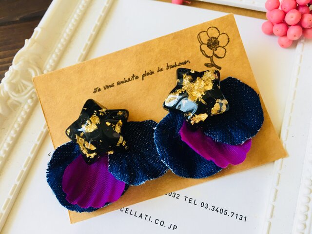 『デニムな紫陽花はなびら×星ゴールドレジンピアス イヤリング❤』 の画像1枚目