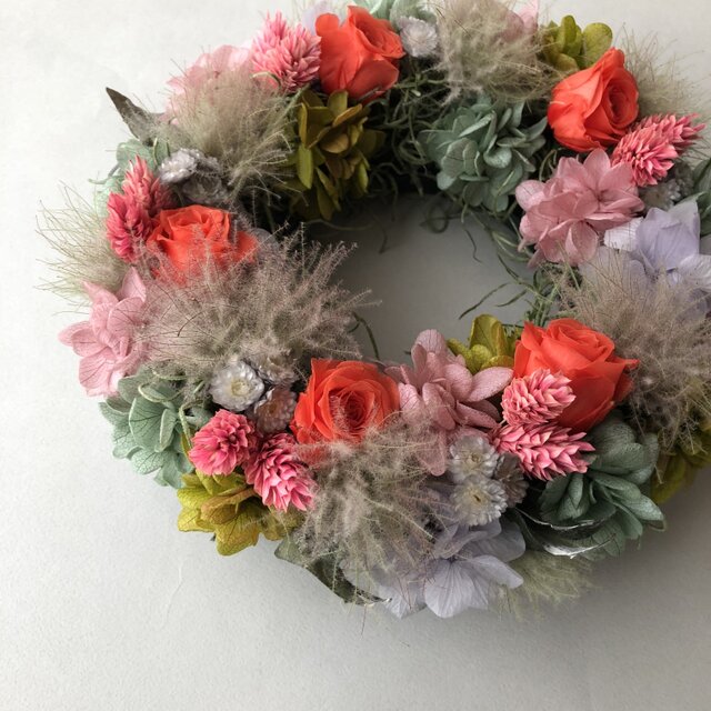 スモークツリーと紫陽花のリース【オレンジ】の画像1枚目
