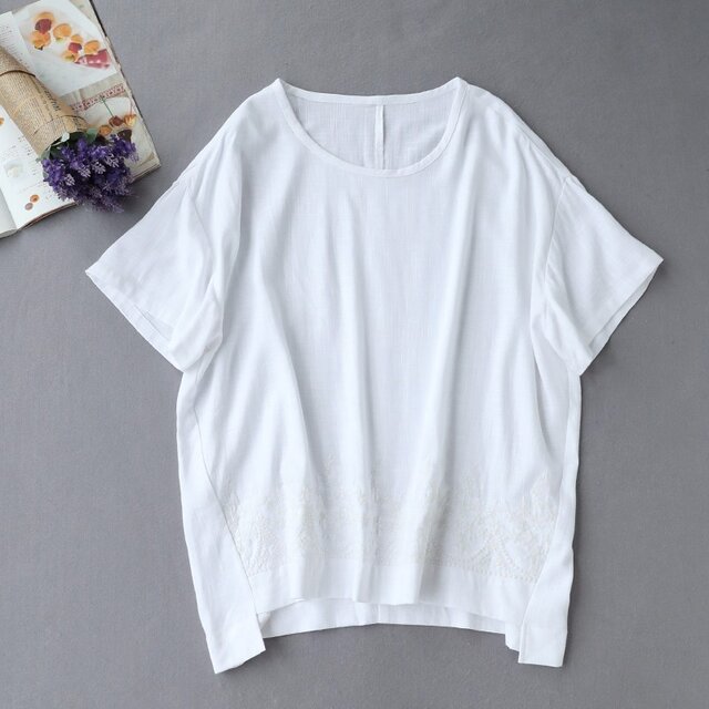 ★6月キャンペーン 送料無料★f8061009刺繍入り シンプルこそ 差をつける 綿麻半袖Tシャツ ブラウス トップス の画像1枚目