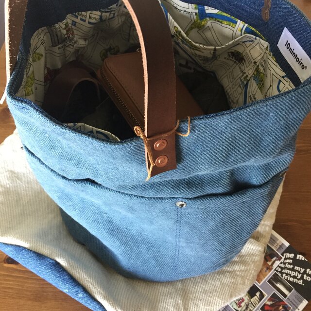 gallery■ミリタリーツイル&modaトート丸型Mサイズ☆茶革＃g92青