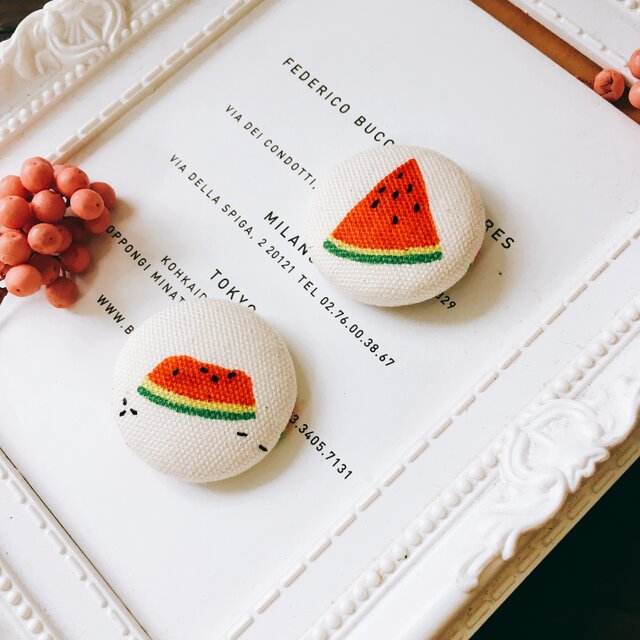 大人のくるみぼたんブローチ★大人の夏休み時間　スイカのおもひで