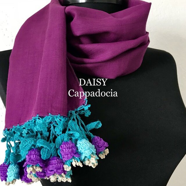 立体レース 刺繡の花花ストール ボルドーの画像1枚目