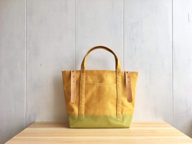 【SALE】黄色×黄緑色の大きめの鞄 ヌメ革ベルトの画像1枚目