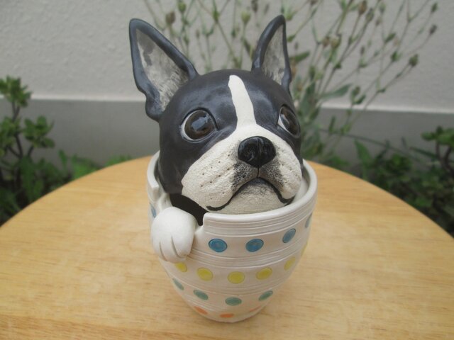【美品】犬　ボストンテリア　陶器　置物　インテリア　工芸品　美術品　A2671 美品】犬ボストンテリア陶器置物インテリア工芸品美術品A2671