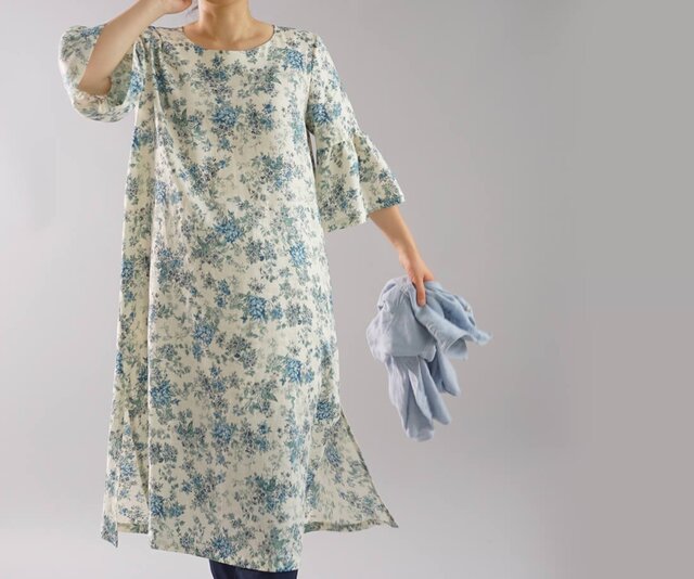 【wafu】リバティワンピース リネン ワンピース フレアスリーブ ミモレ丈/セリーヌ【M-Lサイズ】a078a-cln1の画像1枚目