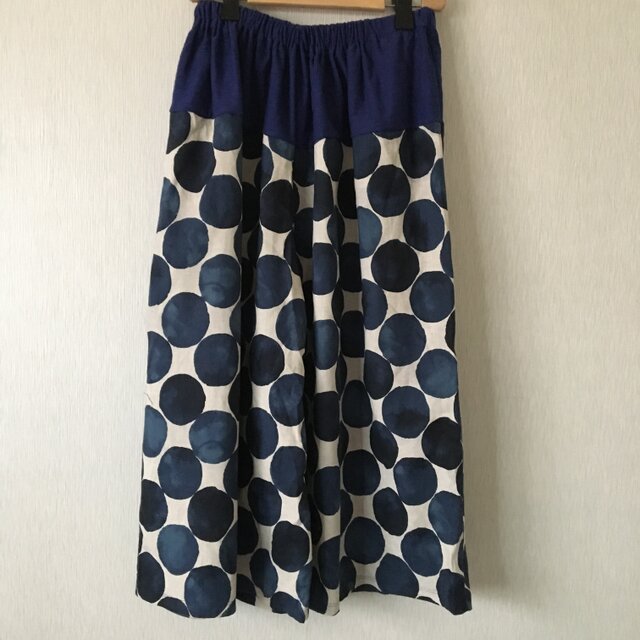 麻混大水玉切替サルエルパンツ 青×紺オフFの画像1枚目