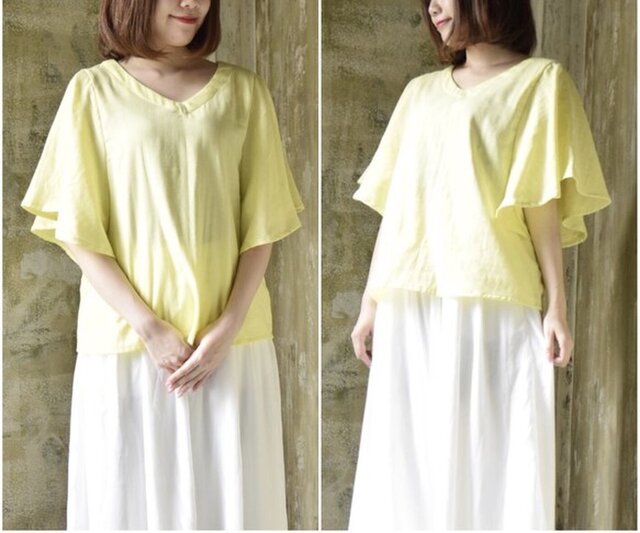 【夏のお出かけ服】ドレープスリーブフリルブラウス(大人のダブルガーゼ・レモンイエロー)の画像1枚目