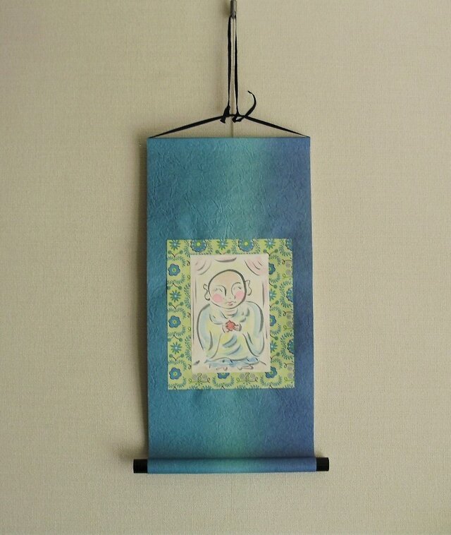 水彩画 和紙タペストリー 地蔵 お地蔵さま 青色の画像1枚目