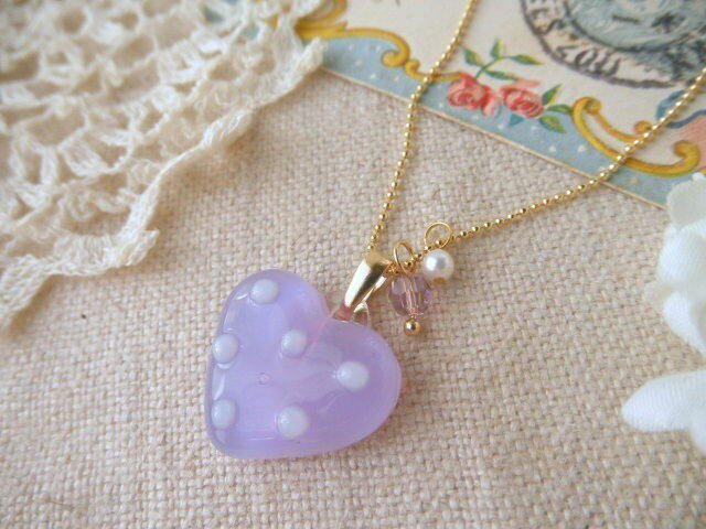 (受注制作)ガラスのパステル♡ハート&スワロネックレスlavender の画像1枚目