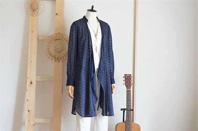 やわらかレースのカシュクールロングシャツ*2WAY*ネイビー*受注制作の画像1枚目