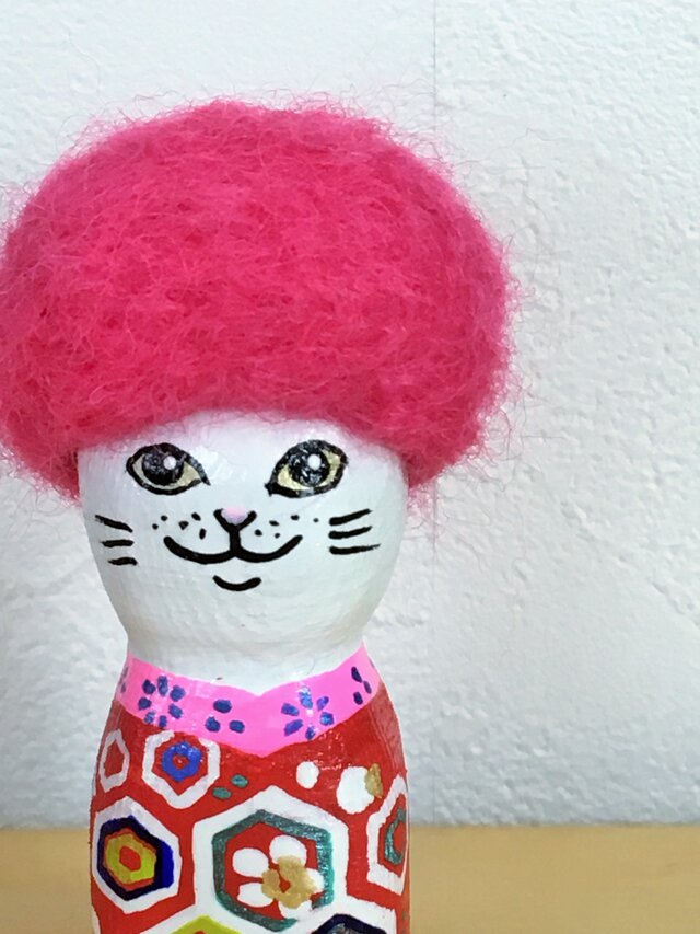 木彫りのアフロ猫　アンティーク着物