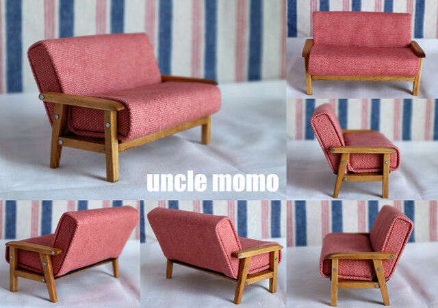 ドール用ソファ2人掛け（色：ピンク×チェスナット） 1/12ミニチュア