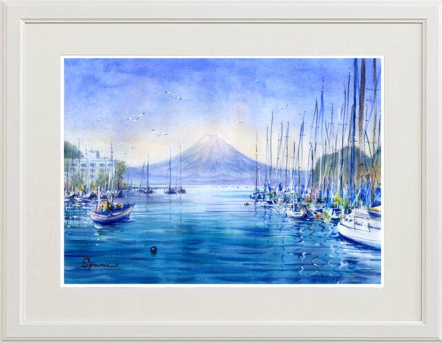 水彩画原画 富士山遠望・諸磯湾から 4の画像1枚目