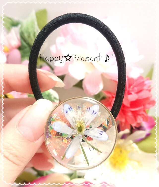 再販!本物のお花の標本キラキラ✴️circleヘアゴム❤️✨ 送料無料 大人可愛い 花 夏 プレゼント ギフトラッピングの画像1枚目