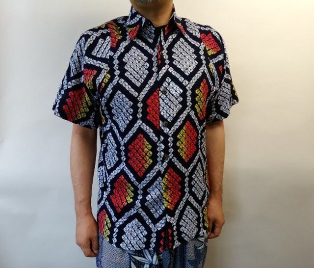 半袖総絞り浴衣シャツ(亀甲文様)の画像1枚目