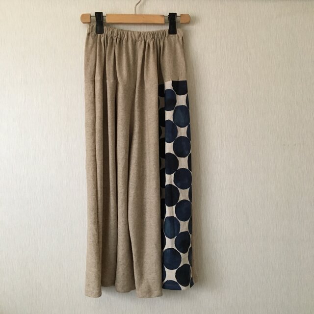 水玉切替サルエルパンツ 麻ベージュ×紺水玉Fの画像1枚目