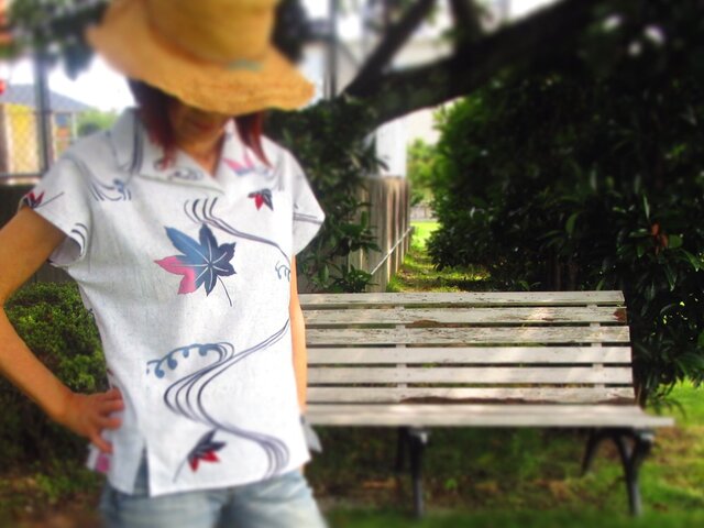 【再再出品】K's 流水に紅葉の浴衣かぶりTブラウス(受注制作)-浴衣(古布)からの画像1枚目