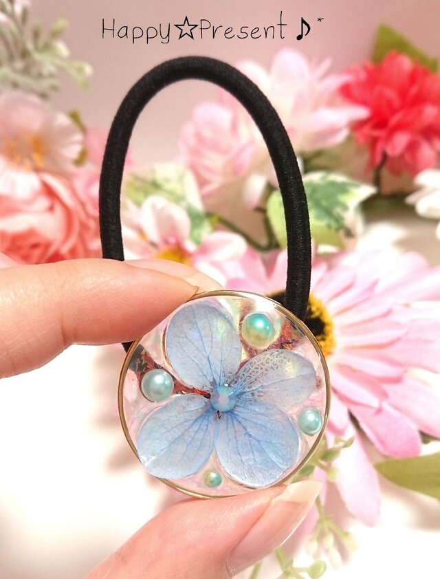 再販!本物の紫陽花の標本キラキラ✴️circleヘアゴム❤️✨ 送料無料 大人可愛い 花 夏 プレゼント ギフトラッピングの画像1枚目