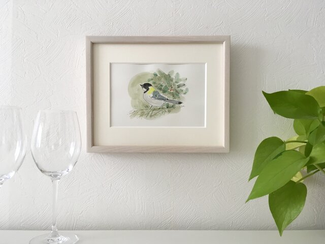 絵画 ガラス額付き 額付きアート「シジュウカラ」原画 | iichi 日々の暮らしを