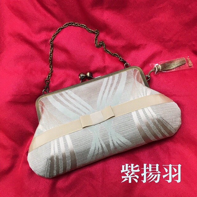 ミントシャンパンがま口バッグ【リボン・レース】Lの画像1枚目