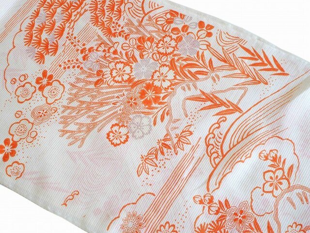 r0015 絽・流水花づくし紋様ハギレ80cm ☆古布・古裂/絞り/錦紗縮緬/正絹/人絹/モスリンの画像1枚目