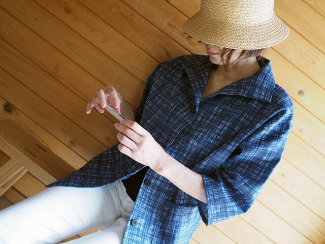 K's -藍色格子のはおりジャケット 七分袖【再出品・現品限り】-浴衣(古布)からの画像1枚目