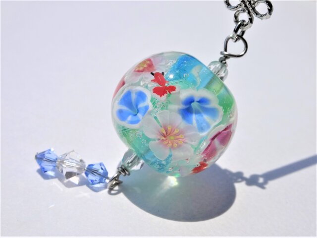 《朝顔と山桜と金魚》 かんざし ガラス とんぼ玉 朝顔 金魚 桜 浴衣の画像1枚目