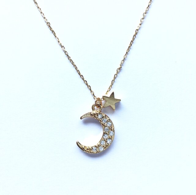 月と星のスライドボールネックレス ゴールドの画像1枚目