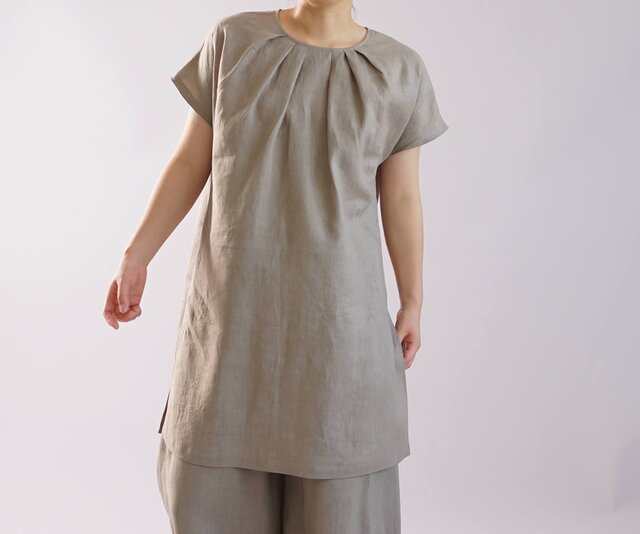 【wafu】薄地 雅亜麻 リネン チュニック タック フレンチスリーブ スリット 後ろボタン / 榛色 t026c-hbm1の画像1枚目
