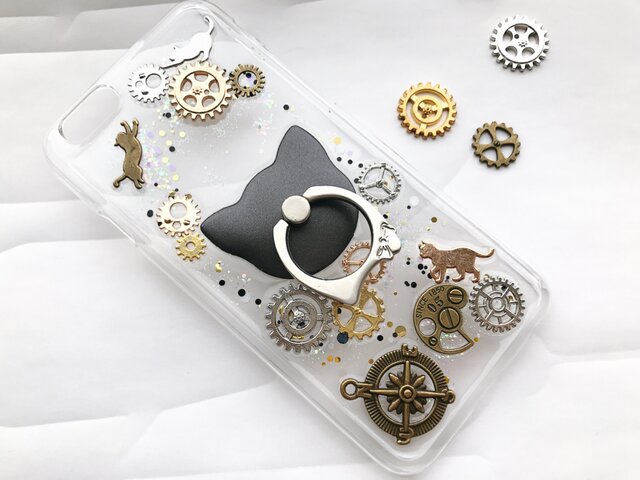 iPhoneX iPhone8/7/6/6s 歯車 宇宙柄 スマホケース 猫 月 星