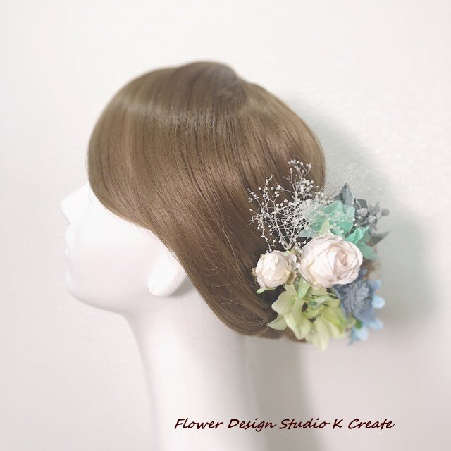 ミントグリーンのお花のヘッドドレス 13本セット ミント グリン ウェディング 髪飾り 結婚式 造花 紫陽花 Iichi ハンドメイド クラフト作品 手仕事品の通販