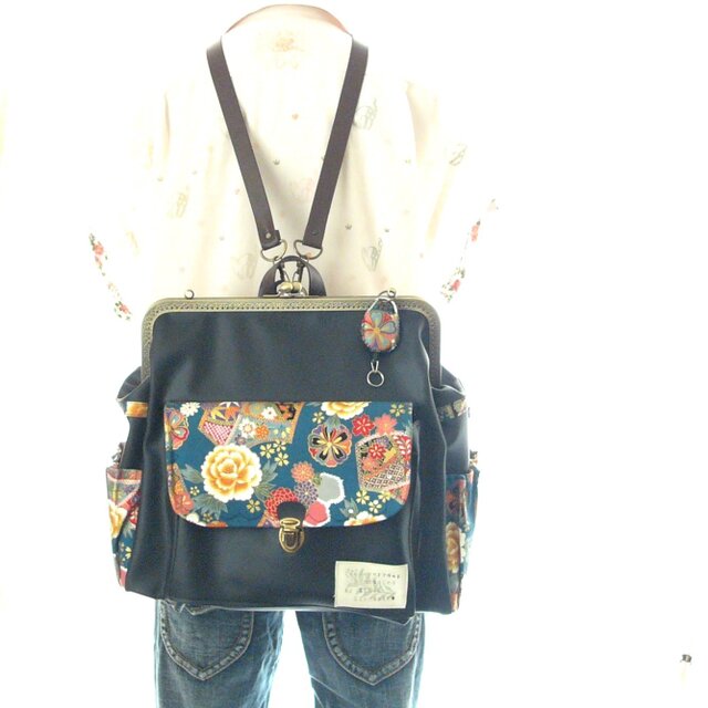 3WAY左ファスナー付きBIG撫子リュック フルセット Japanese pattern 蝋色×扇の画像1枚目