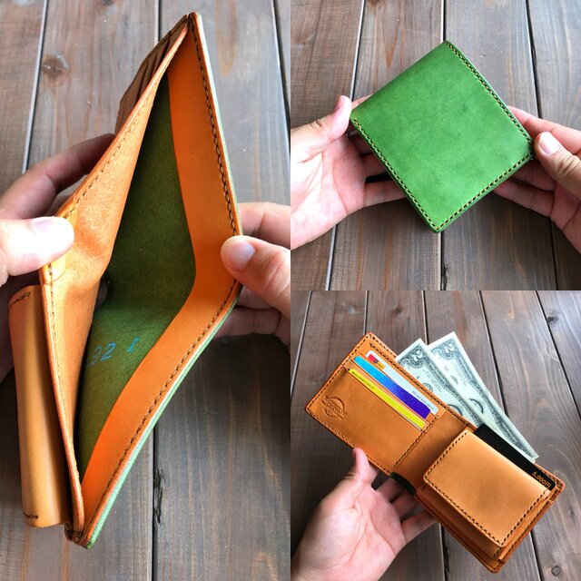 イタリアンレザーを使用した若葉色とキャメル色の二つ折り財布 | iichi
