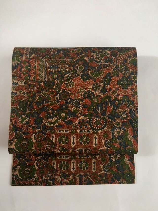 結城紬　更紗模様　名古屋帯