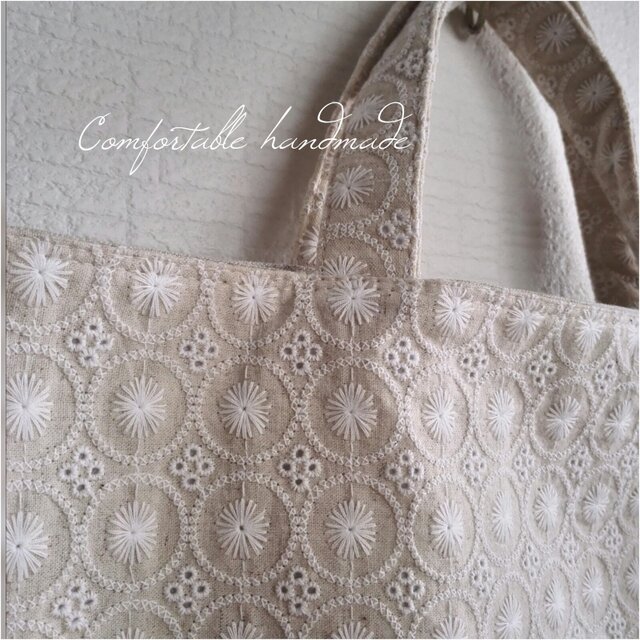 綿麻サークルレース刺繍トートバッグの画像1枚目