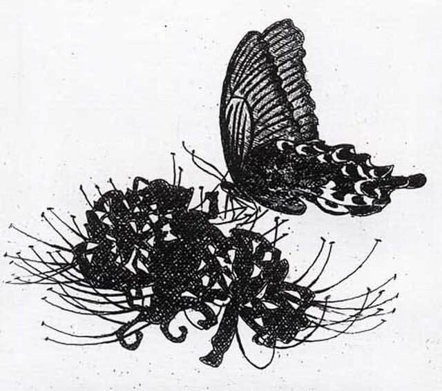 蝶と曼珠沙華/ 銅版画（額あり・ホワイト） | iichi 日々の暮らしを