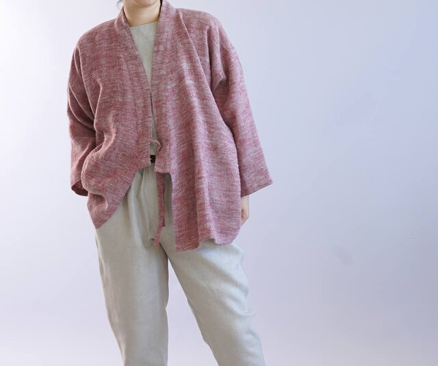 【wafu】厚地 起毛 リネン 作務衣 男女兼用 暖かい 羽織 和装 カーディガン/ 茜色 h037b-aki3の画像1枚目