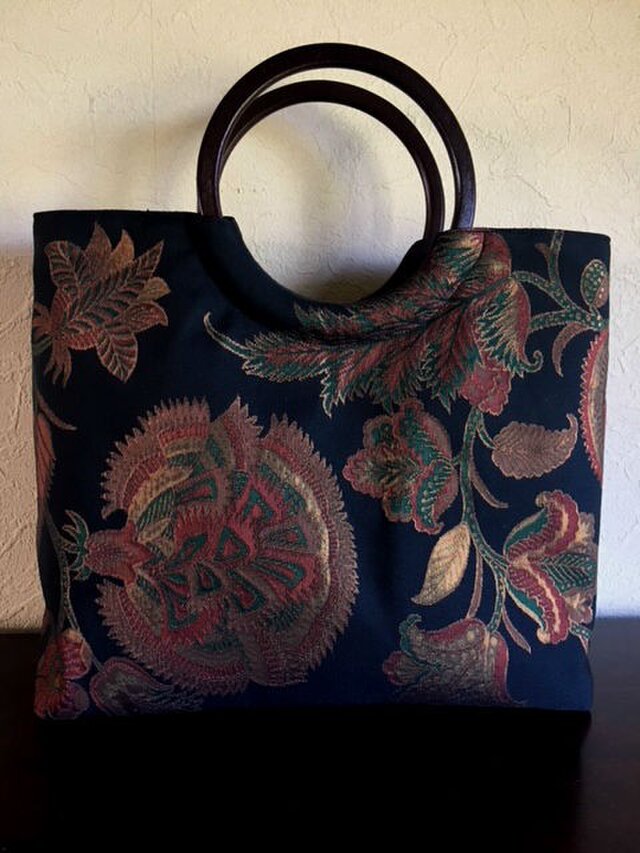 rothko様ご予約品　更紗模様丸帯手提げ　丸い木の手