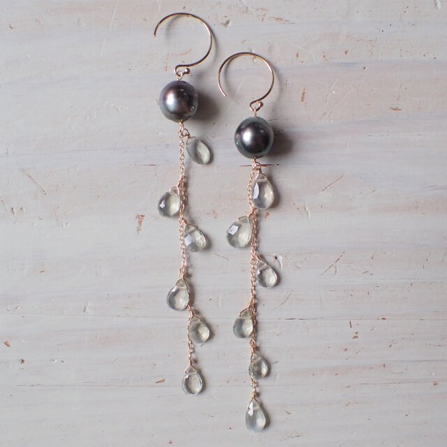 K14GF african moonstone & tahitian pearl long pierceの画像1枚目