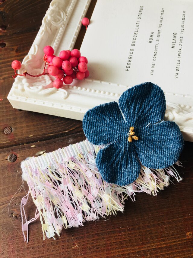 乙女な紫陽花デニムとパステルカラーのバレッタの画像1枚目