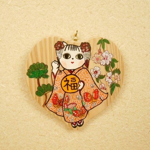 ハートの飾り猫~「福」を持つ猫003 絵馬風かわいい飾り絵 お正月飾りにの画像1枚目