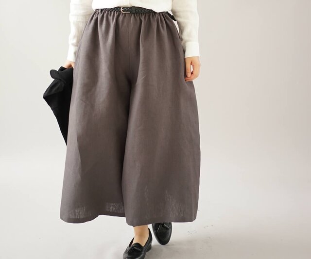 【wafu】中厚 リネンパンツ 先染め ワイドスカーチョ キュロットパンツ ボトムス 半端丈/黒橡 b002a-ktb2の画像1枚目