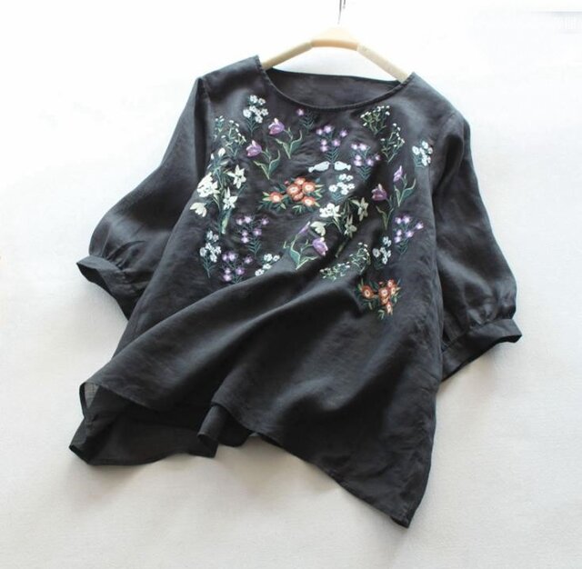 【受注製作】綿麻花刺繍!可愛綿麻製トップス・ブラウス098009 2色の画像1枚目