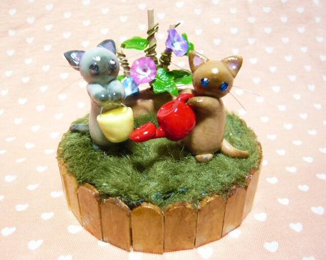 にゃんこのしっぽ〇あさがおさいた〇夏の思い出〇猫ミニチュアの画像1枚目