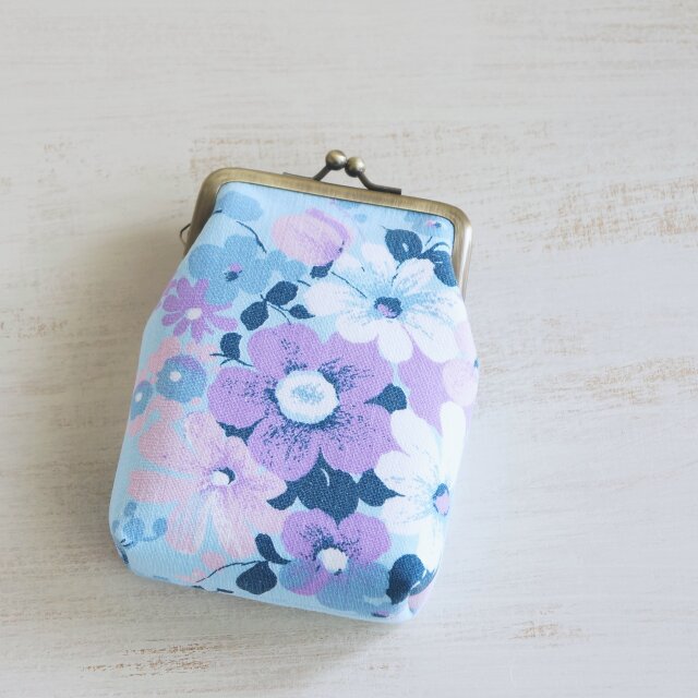 ■ヴィンテージ生地のがま口カードケース / ブルーブーケ■ chat (vf-bbq)