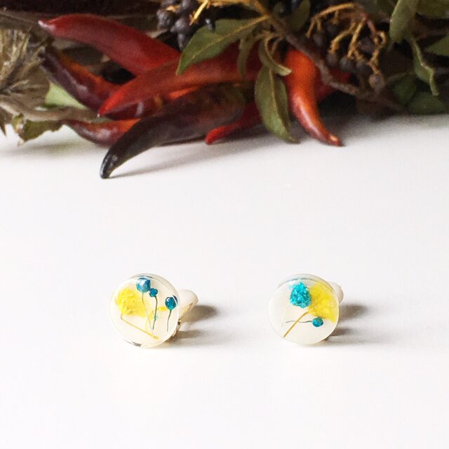 鮮やかなブルー&イエローかすみ草スタッド(一粒)イヤリング(12mm)の画像1枚目