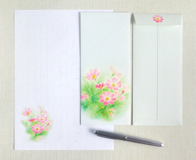 コスモスの和紙レターセットB5サイズ、縦書きの画像1枚目