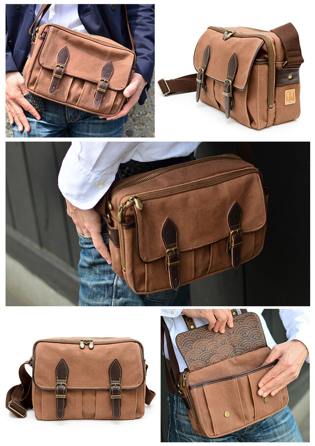 柿渋染め 帆布 メンズ バッグ 多機能 ポケット 小さめ ショルダー