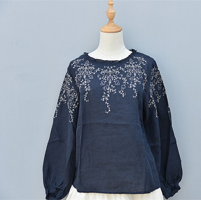 【受注製作】綿麻刺繍入り!可愛綿麻製トップス・ブラウスCX90 ブルーの画像1枚目
